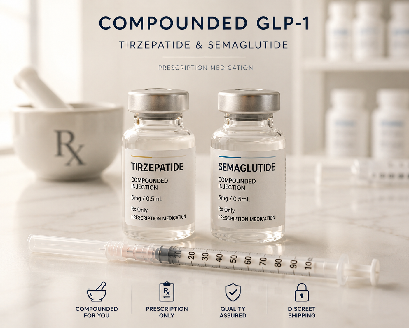 Compounded GLP-1 tirzepatide and semaglutide prescription vials with syringe
