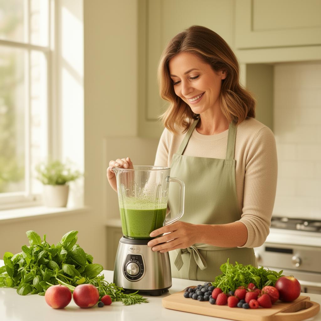 Woman making a fresh green smoothie during her 21-day reset